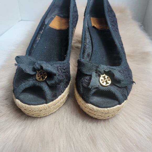 Tory Burch Jackie Wedge Womens Black Lace Espadrille Shoes - Picture 2 of 8